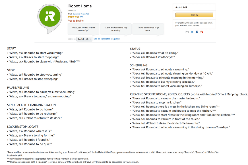 Voice commands on the iRobot Roomba i7+ Alexa
